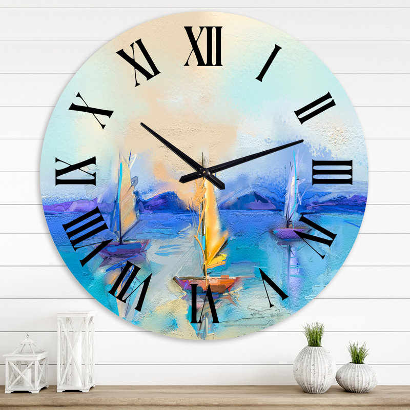 Petits bateaux arrivant au rivage au coucher du soleil III - horloge murale moderne, Grand