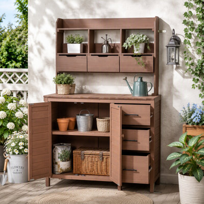 Farmhouse Patio Potting Bench with 6 Drawers and Cabinet