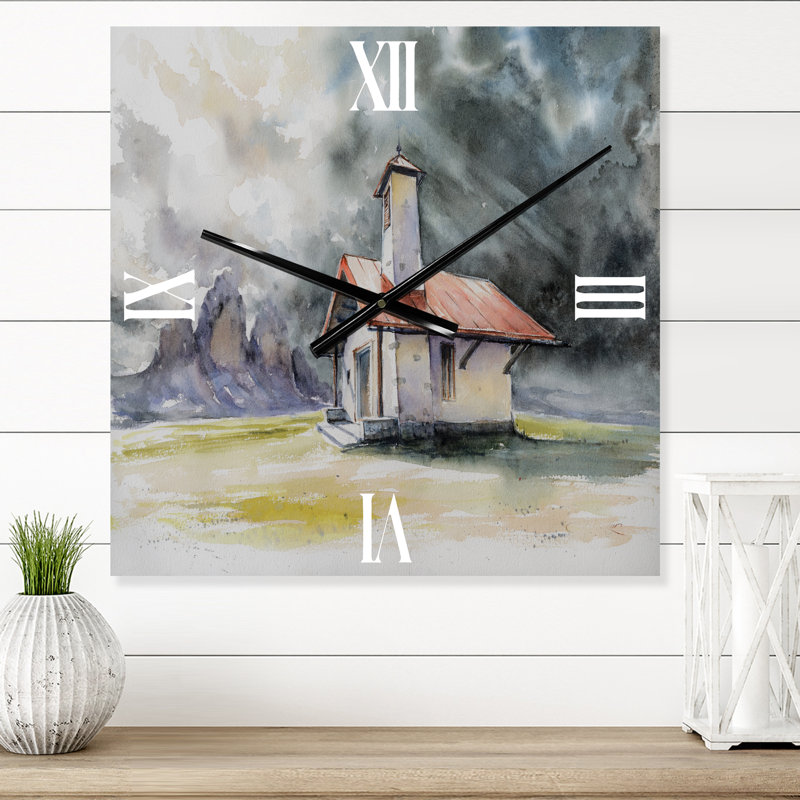 Rustic House on Mountain Top During Storm - Country Wall Clock, Small