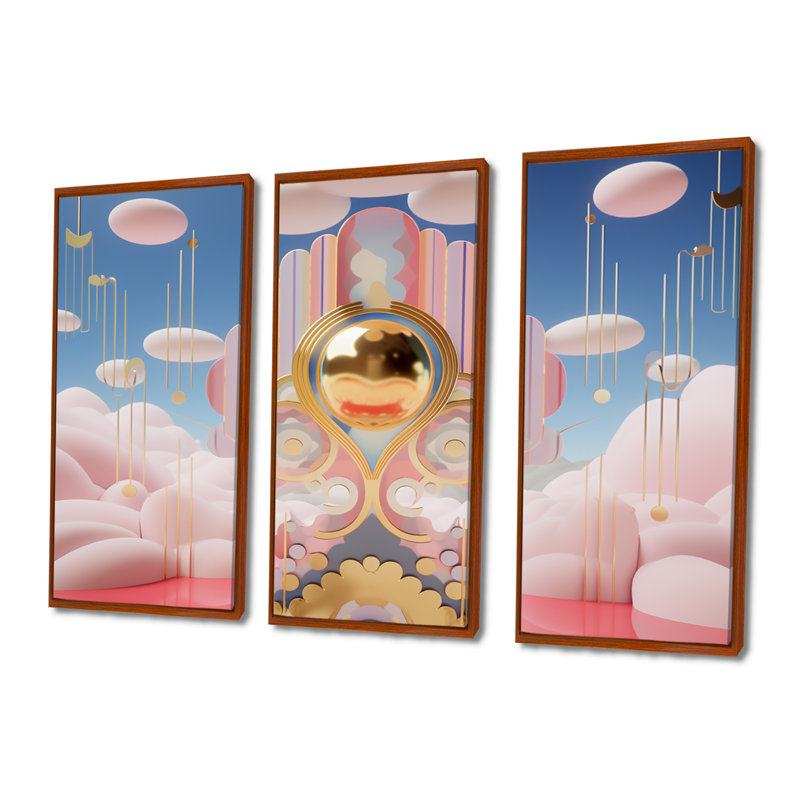 «Pink Cloud Magic Universe», ensemble de décoration murale paysage abstrait, H 40 po x l 60 po x P 1 po, Cadre flottant brun
