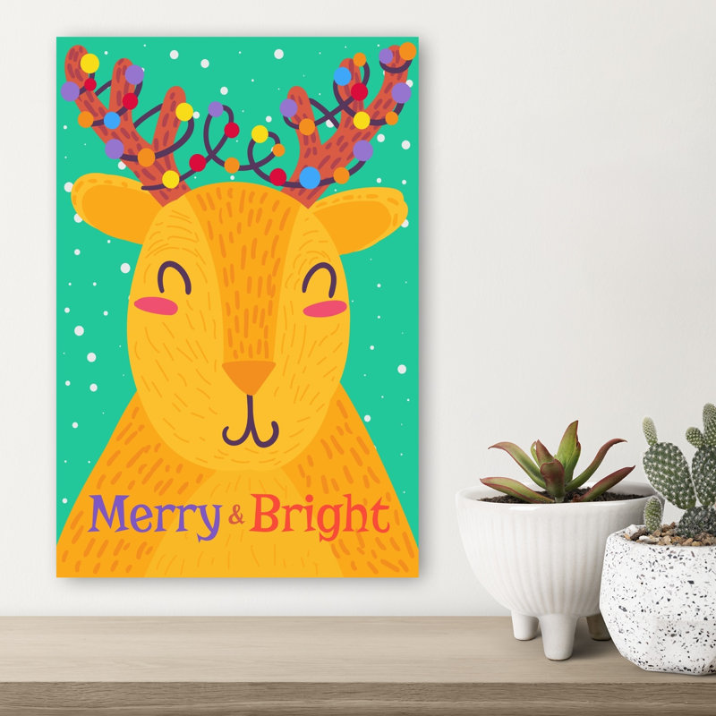 Smiling Reindeer Lights Colorful Whimsical Contemporary Deer Winter Wall Art Print 1 Piece Wrapped Canvas Wall Art