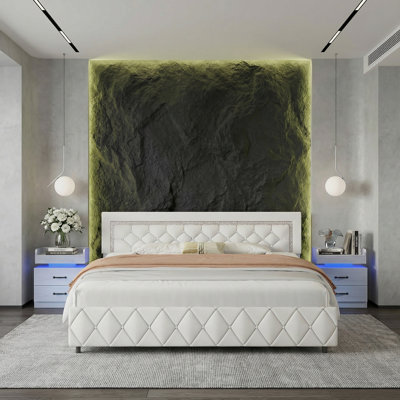 3-Piece Bedroom Sets,With Faux Leather Diamond Tufted Platform Bed  And LED Nightstand