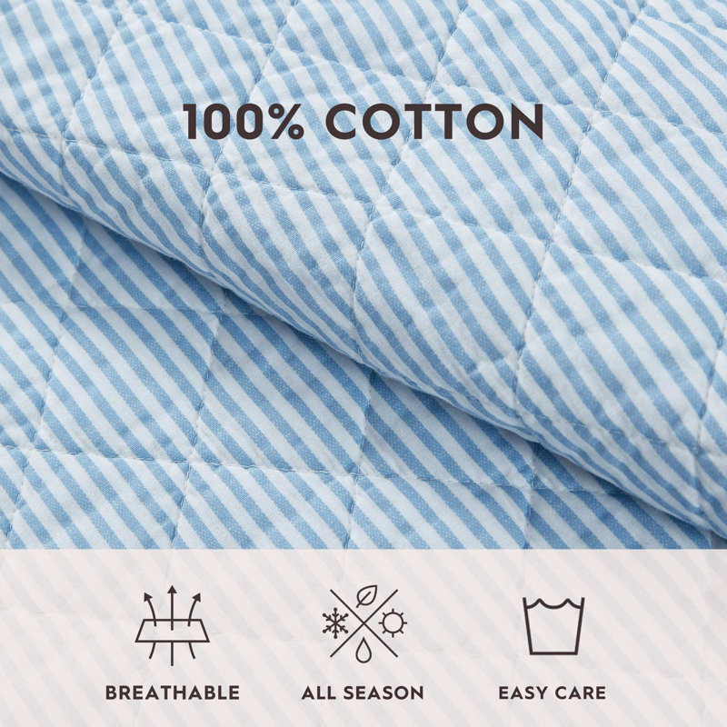 Oxford Stripe Blue Cotton Reversible King Quilt Set