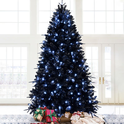 Sapin de Noël noir de 2,3 m (7,5 pi) orné de 500 lumières DEL blanches, plus de 2156 branches, branches articulées, support en métal. Illuminez votre intérieur et créez une ambiance festive élégante et raffinée.