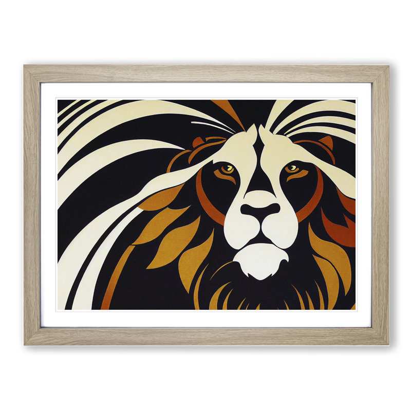 Art Deco Lion Vol.2 1 Piece Single Picture Frame Wall Art, 46cm H x 64cm W x 2cm D, Oak Framed