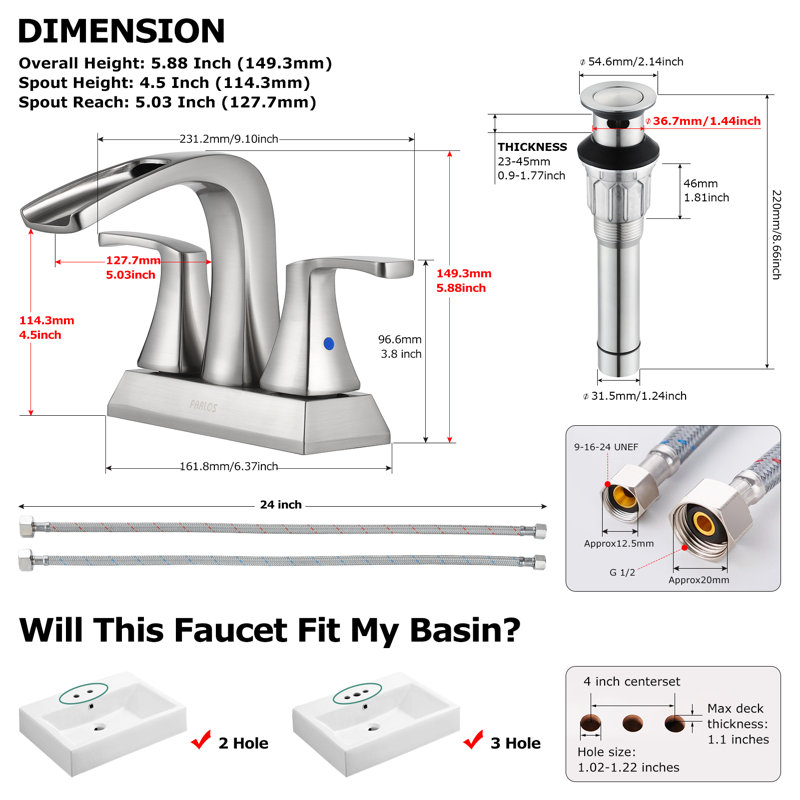 Doris Waterfall Centerset 2-handle Bathroom Faucet with Drain Assembly, Brushed Nickel