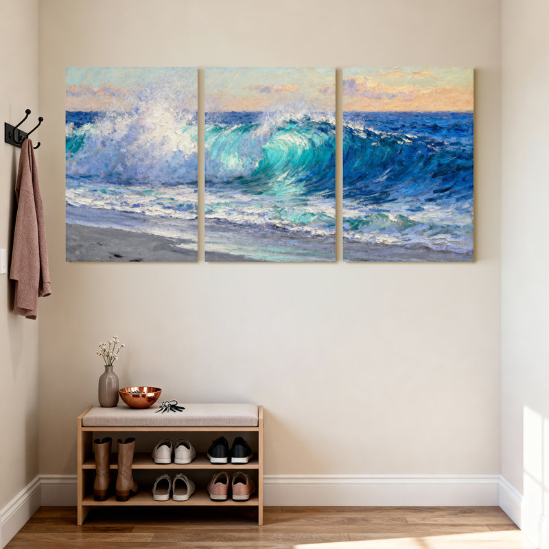 Ensemble de 3 tableaux muraux sur toile représentant un paysage marin et des vagues de l'océan, H 30 po x l 60 po