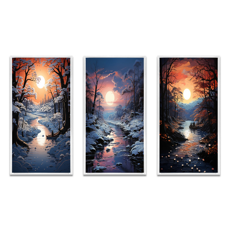 «Winters River Papercut», 3 pièces sur toile, Cadre blanc, H 28 po x l 36 po