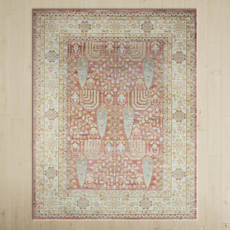 Foxley Oriental Machine Made Power Loom Polyester Area Rug in Pink/Beige, Rectangle 4' x 6'