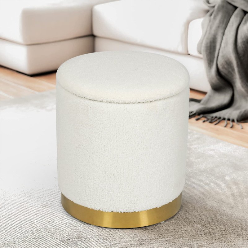Teddy Fleece Round Ottoman With Storage, Off-White