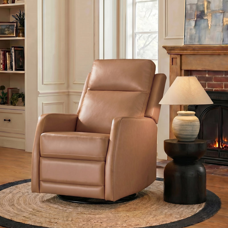McGuffey Faux Leather Swivel Rocker Recliner with Metal Base, Camel Pebbled Faux Leather
