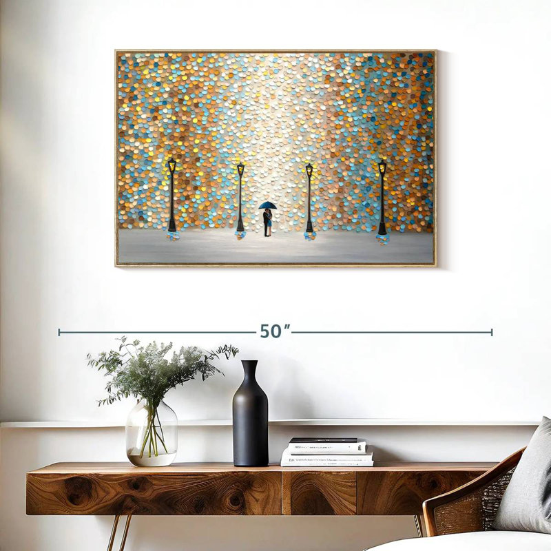 Baiser sous la pluie dorée, Cadre flottant en bois naturel, 37 po x 25 po