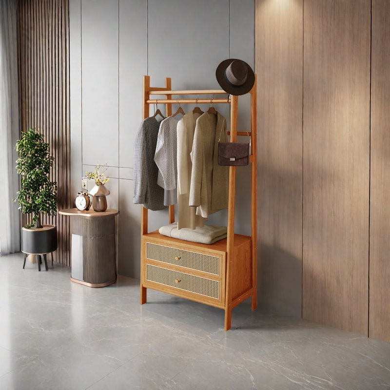 Ash Wood Coat Rack with Rattan Drawers
