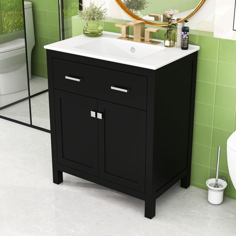 Meuble-lavabo simple autoportant avec rangement, portes à fermeture en douceur et lavabo en céramique Devises, Noir