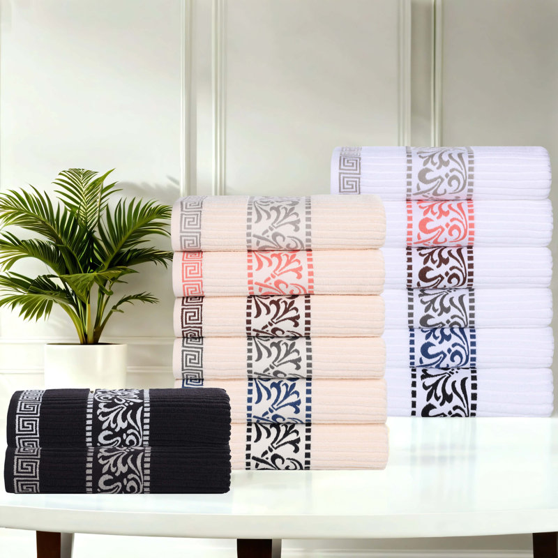Mikira Athens Cotton Medium Weight Floral Border Greek Key Trim Bath Towel (Set of 4), Ivory/Black