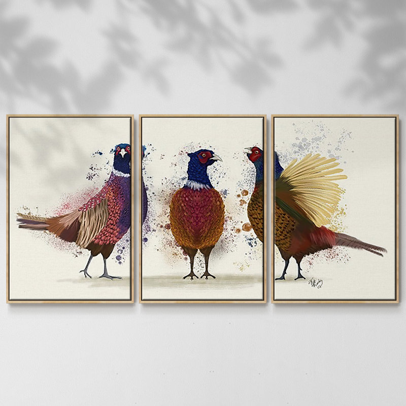 Trio de faisans 3 pièces, H 36 po x l 75 po x P 2 po, Naturel