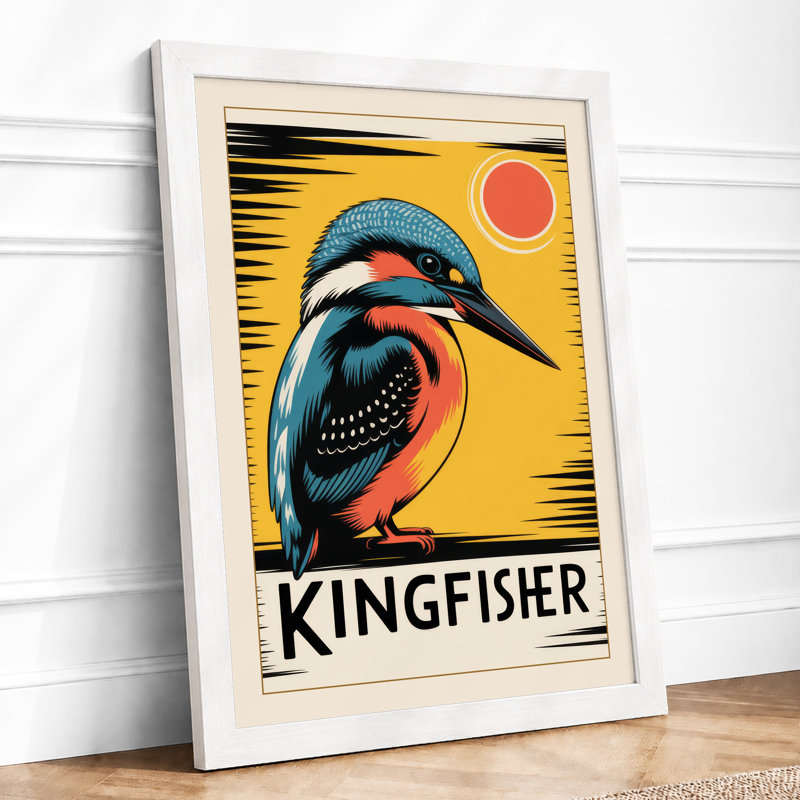 Kingfisher Sun Art Deco - Framed Print, A4 - 29.7 x 21.0 cm, White