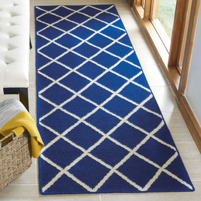 Tapis géométrique beige / bleu foncé en laine et coton tissé à la main Emek