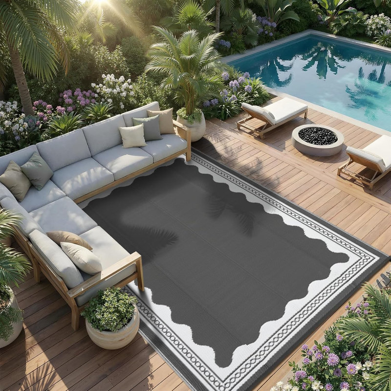 10x20 FT Grey Scalloped Edge Reversible Outdoor Rug, Waterproof Foldable Plastic Straw Patio RV Carpet for Deck Camper Porch Balcony Backyard Picnic Beach