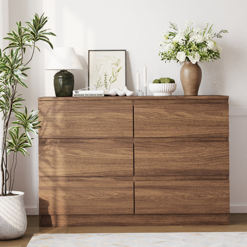 47.2" Wide Modern Wood Dresser With 6 Drawers, Walnut