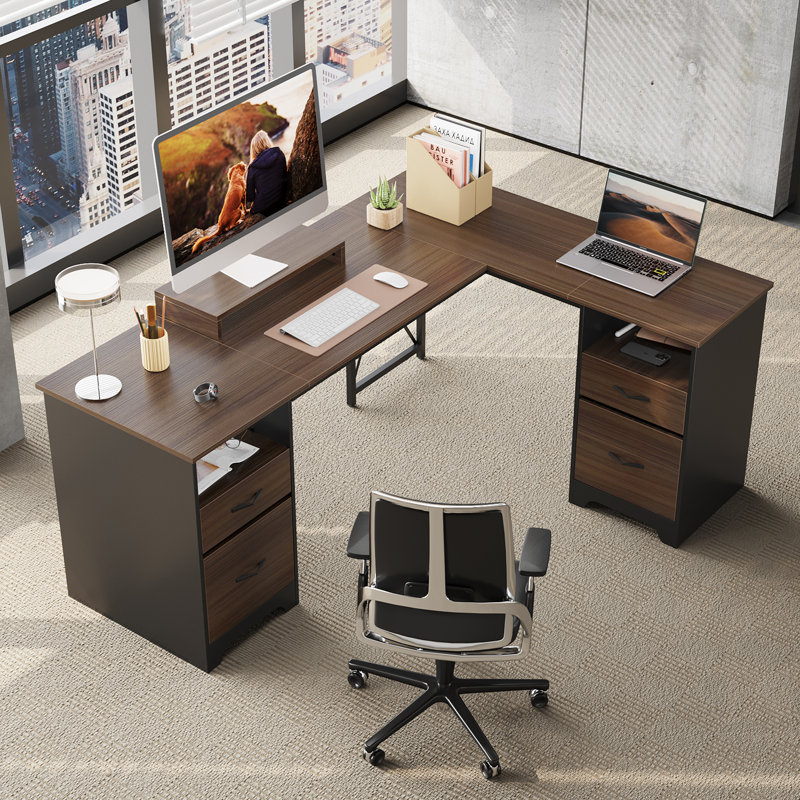 Daymen 63'' L Shaped Home Office Desk with 2 File &Storage Drawers, Corner Executive Desks with Monitor Stand and Open Compartments