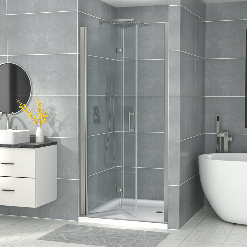 32 - 33.5 in.W x 72 in.H Bi-Fold Frameless Glass Shower Door, Folding Farmless Shower Door, Brushed Nickel