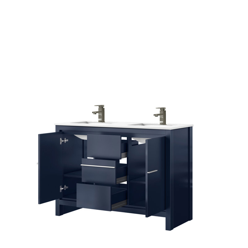 Meuble-lavabo double bleu marine 48 po X P 20 po D, dessus en quartz blanc et robinet en métal, Marine, Métal industriel
