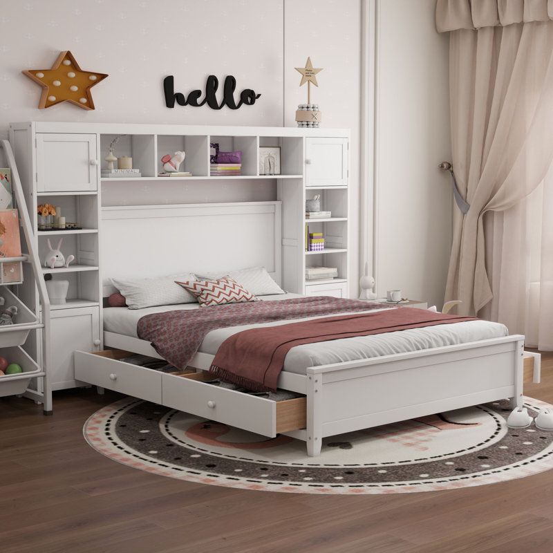 Ethil 4 Drawers Bookcase Platform Bed, White, Full