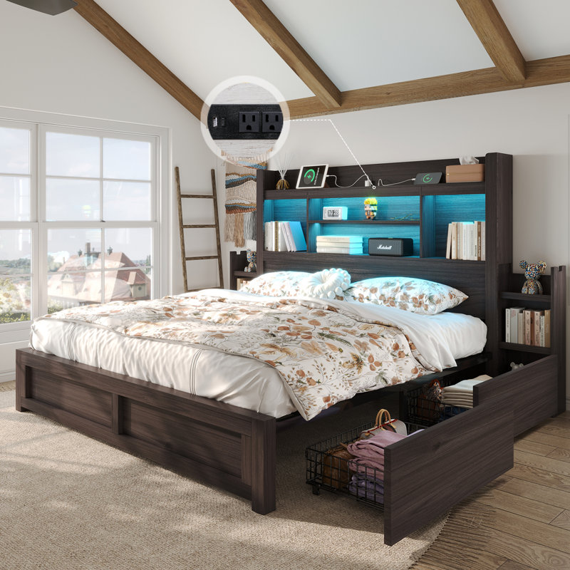 Revan Farmhouse Bed Frame with Bookcase Headboard, 2 Detachable Racks, 4 Drawers & RGB LED, Black, Full / Double