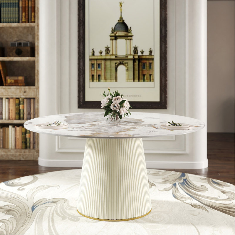 Iconie Round Stone Top Dining Table, White/Gray, 29.53" H x 59.05" W x 59.05" D