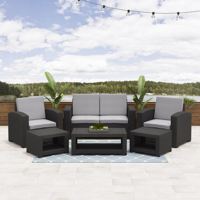 Ensemble de conversation pour terrasse avec canapé en rotin et coussins 6 pièces Sezen, Noir