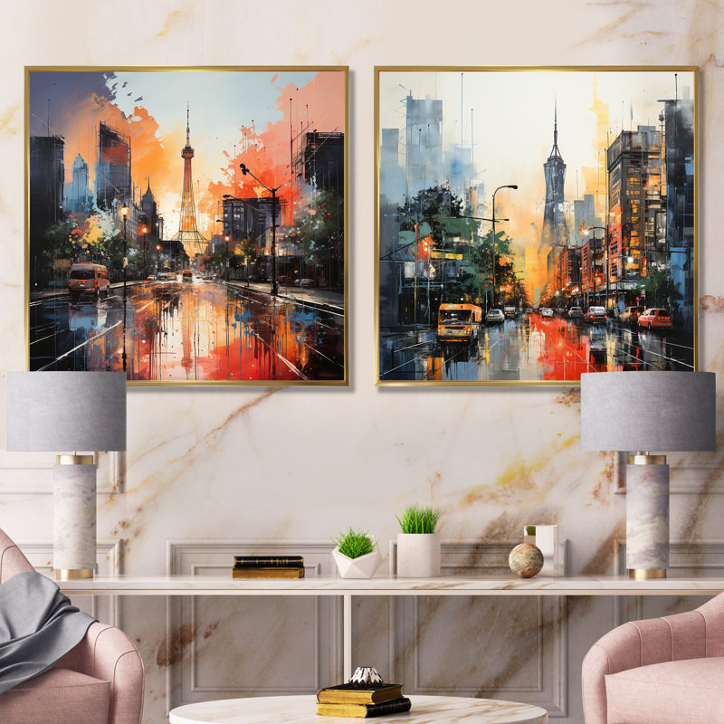 «Houston City Sunset Dream I», ensemble de 2 reproductions d'art mural de Houston, Cadre flottant doré