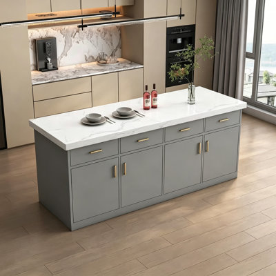 Îlot de cuisine moderne avec grand plan de travail et rangements intégrés, poste de travail indépendant pour la préparation des repas et les repas informels, entièrement assemblé.