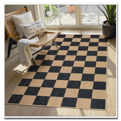 Checkerboard Easy Jute Carpet 3X5, Washable Non-Slip Farmhouse Neutral Rug, Indoor Outdoor Patio Entryway Living Room Bedroom Classroom Black Mat