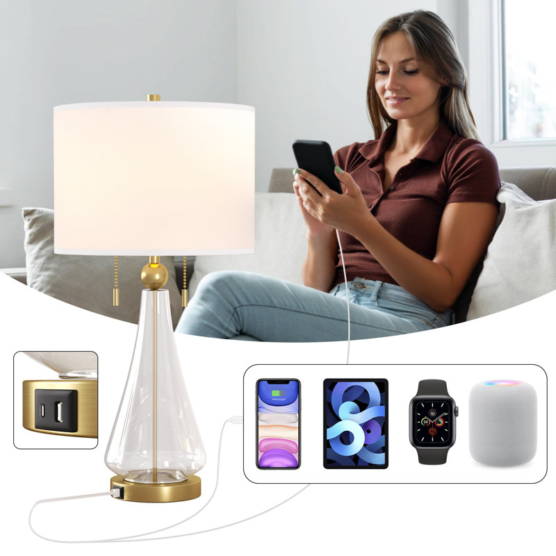  Aadyn 28" Modern Glam Glass Table Lamp USB Charging Pull Chain Soft Lighting for Bedroom Living Room, Gold