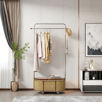 Movable Rattan Coat Rack with Rubberwood
