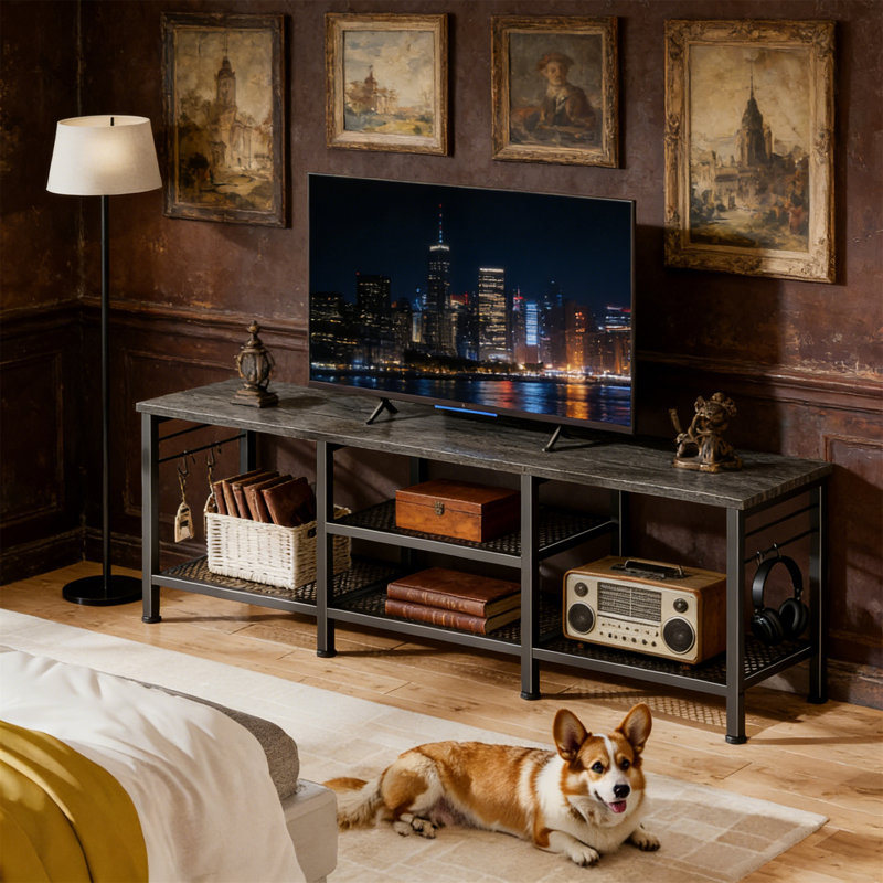 Black Oak TV Stand For 65-Inch Tvs, 55-Inch Media Console With Open Shelves And Soundbar Shelf, Black, 24" H x 55" W x 14" D