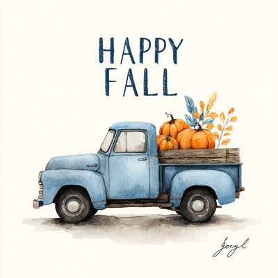 Happy Fall Blue Truck Wrapped Canvas Wall Art