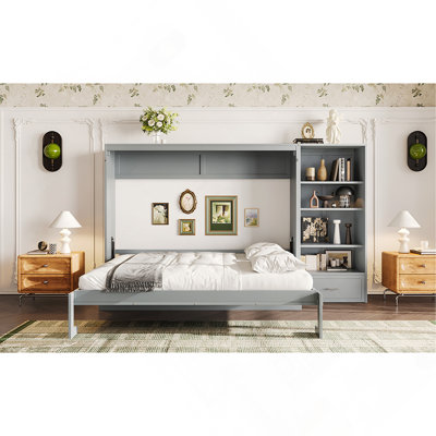 Grand lit escamotable avec compartiments de rangement à hauteur réglable et tablette, cadre de lit mural avec 1 tiroir, lit plateforme pliable multifonctionnel pour petit espace, chambre à coucher, chambre d'amis
