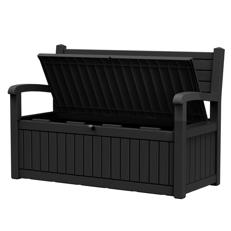 Banc de rangement extérieur 80 gallons avec dossier, résine grain de bois, pour 2 personnes, Black