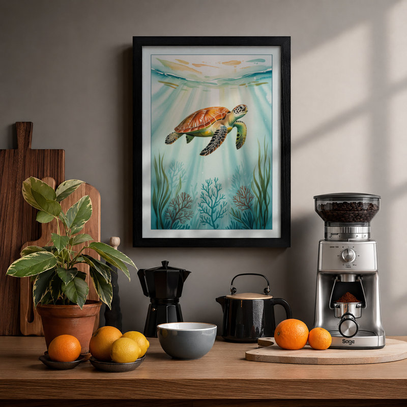 Drifting Turtle Coastal - Print, A1 - 84.1 x 59.4 cm, Black