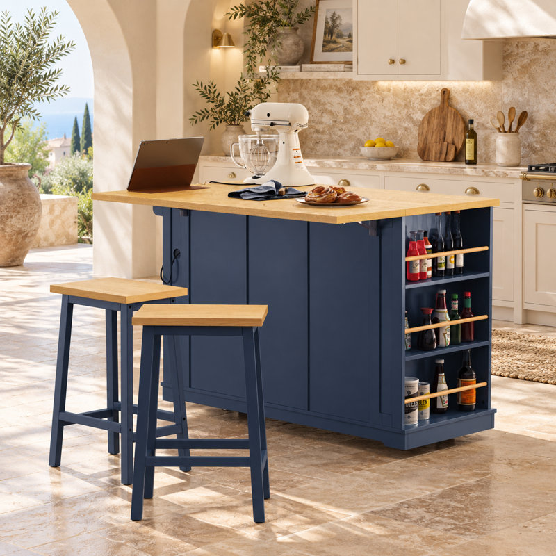 Ensemble îlot de cuisine 3 pièces avec 2 tabourets de bar, abattant, rangement, station de prise électrique et roulettes dissimulées