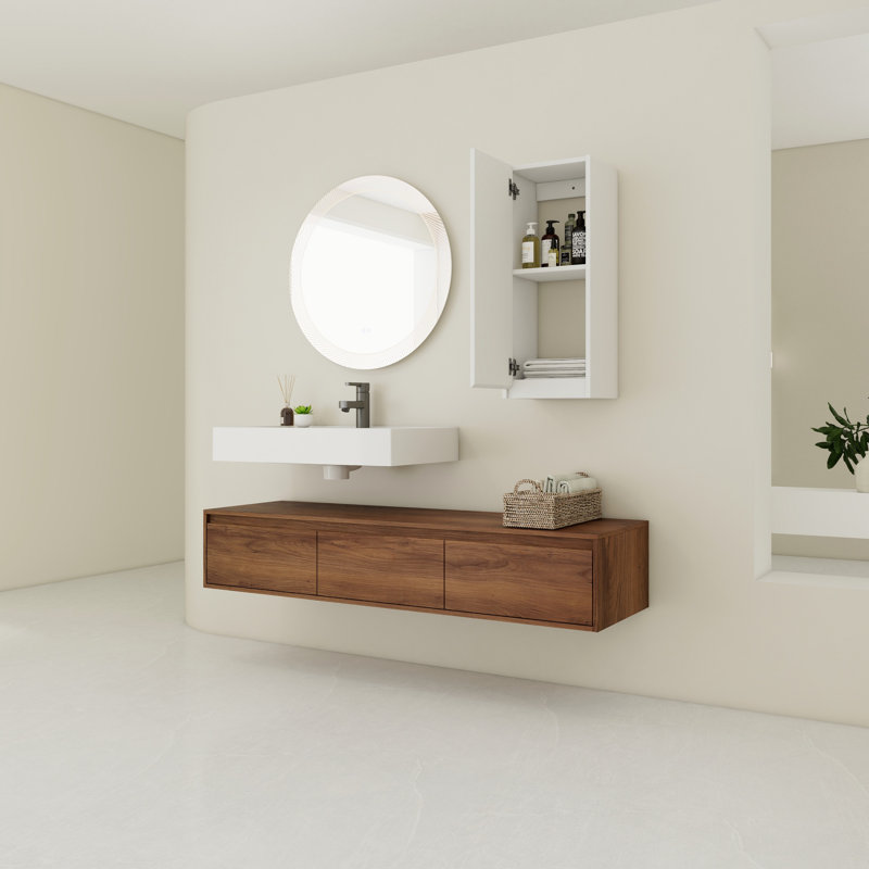 Meuble-lavabo mural 60 po avec lavabo en résine et armoire d'appoint 60 po, tiroir à fermeture en douceur, fixation à flotteur
