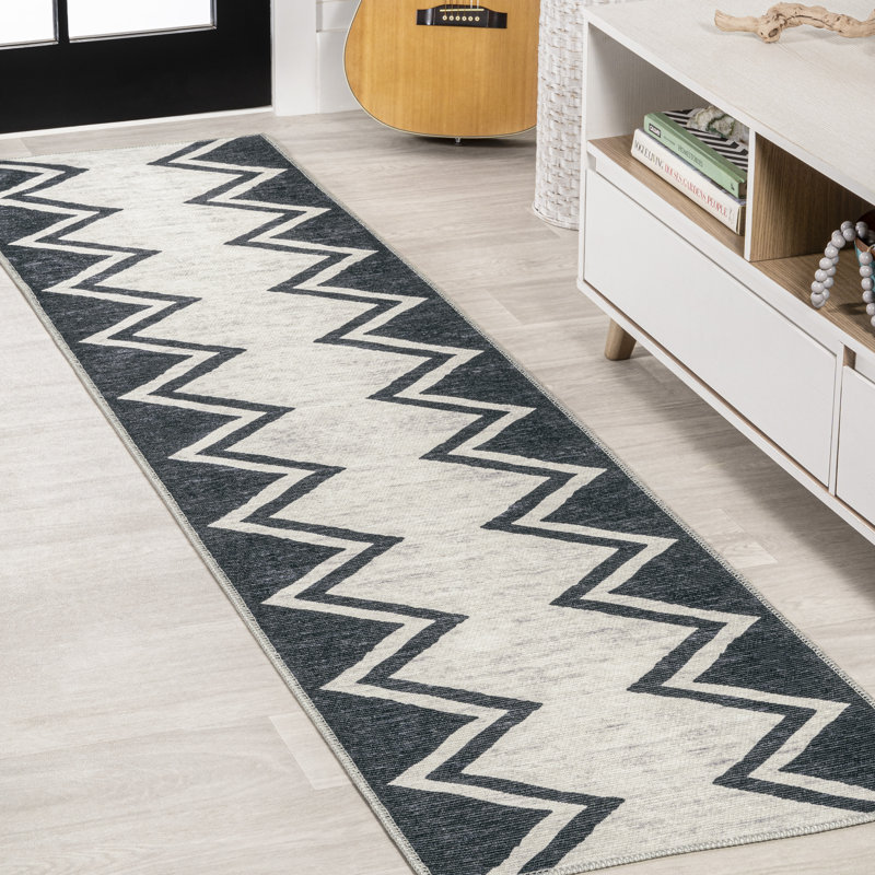 Bonnes Modern Chevron Border Machine-Washable Ivory/Navy Rug, Runner 2' x 8'