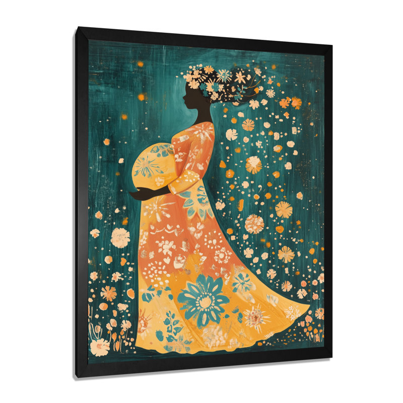 Mère joyeuse aux couleurs à motifs I - Tableau encadré naïf, H 32 po x l 24 po, Black Picture Framed
