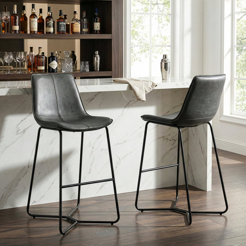 Alivia Upholstered Counter Stool with Metal Frame, Grey Faux Leather, Bar Stool (30" Seat Height)