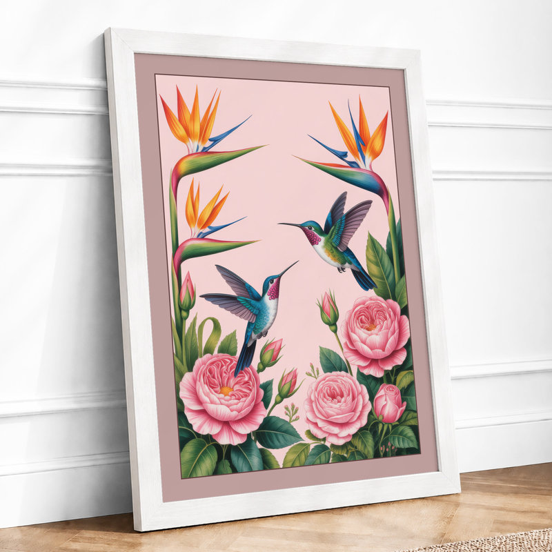 Hummingbirds and Blooms Botanical - Framed Print, A1 - 84.1 x 59.4 cm, White