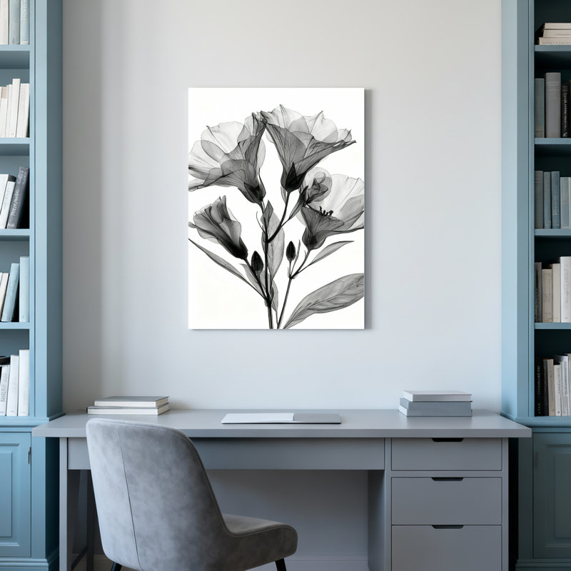 Ensemble de 1 tableau mural sur toile tendue, style radiographie florale noir et blanc, H 36 po x l 24 po