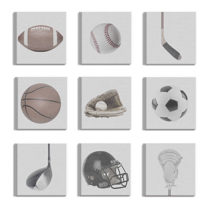 Kerney Greyscale Sports Gear -9 pièces, art mural sur toile