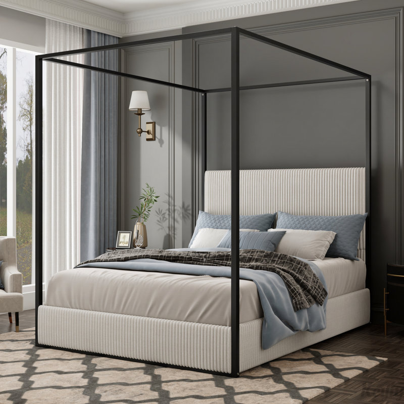 Metal Canopy Bed with Tall Upholstered Headboard and Four Poster, No Box Spring Needed, White, King
